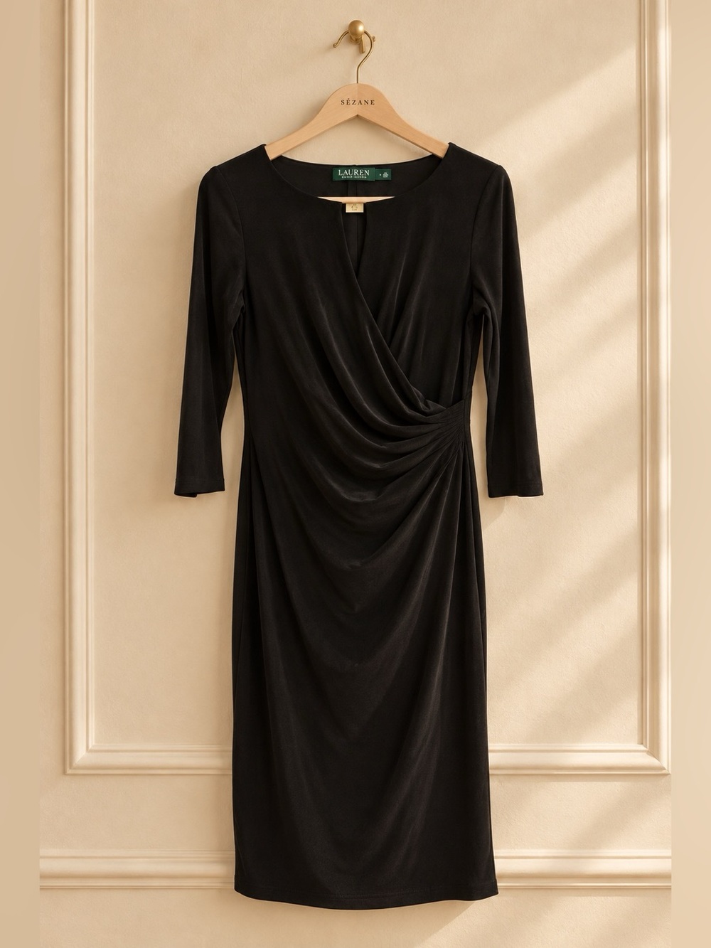 Lauren Ralph Lauren Black Draped Ruched Faux Wrap Sheath Dress LBD | Size 6